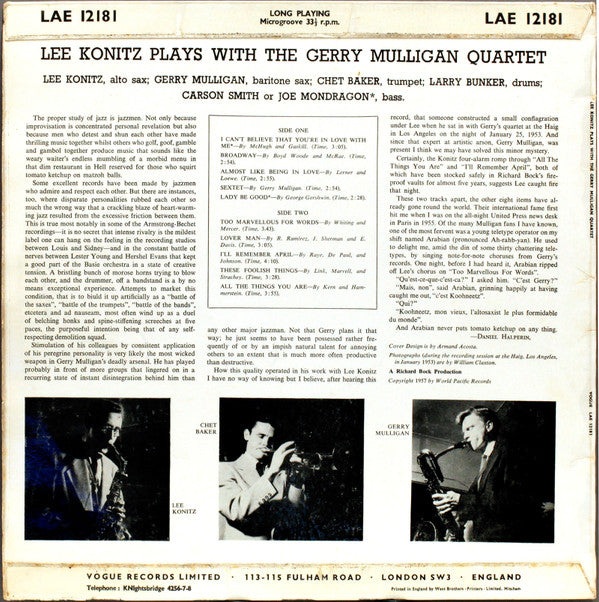 Lee Konitz Plays With The Gerry Mulligan Quartet* : Lee Konitz Plays With The Gerry Mulligan Quartet (LP, Album, Mono)