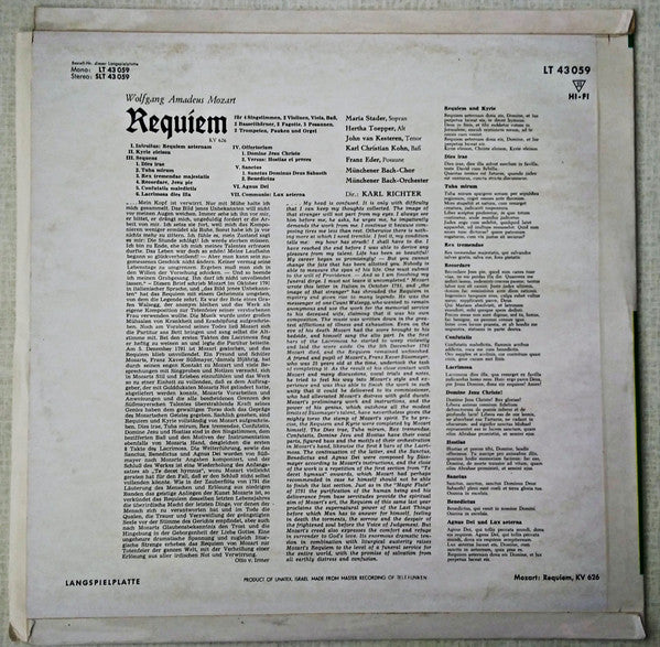 Mozart*, Maria Stader, Hertha Toepper*, John Van Kesteren, Karl-Christian Kohn*, Der Münchener Bach-Chor*, Das Münchener Bach-Orchester*, Karl Richter : Requiem (LP)