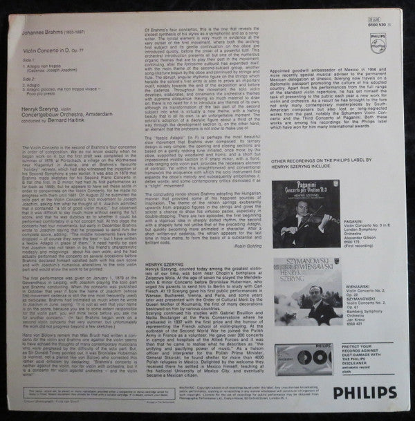 Brahms*, Henryk Szeryng, Concertgebouw Orchestra, Amsterdam*, Bernard Haitink : Violin Concerto In D, Op. 77 (LP)