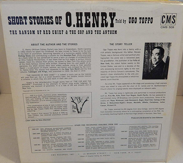 O. Henry Told By Ugo Toppo : Short Stories: The Ransom Of Red Chief & The Cop And The Anthem (LP, Mono, RE)
