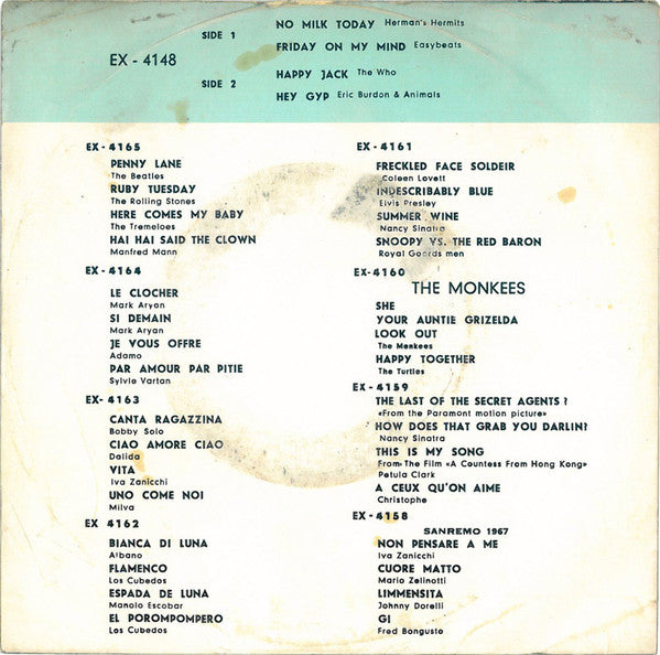 Herman's Hermits / Easybeats* / The Who / Eric Burdon & Animals* : No Milk Today / Friday On My Mind / Happy Jack / Hey Gyp (7", EP, Mono, Unofficial)