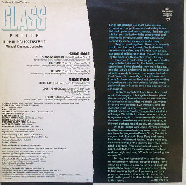 Philip Glass : Songs From Liquid Days (LP, Album)