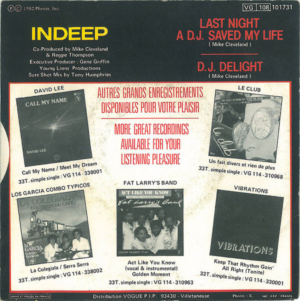 Indeep : Last Night A D.J. Saved My Life (7", Single)