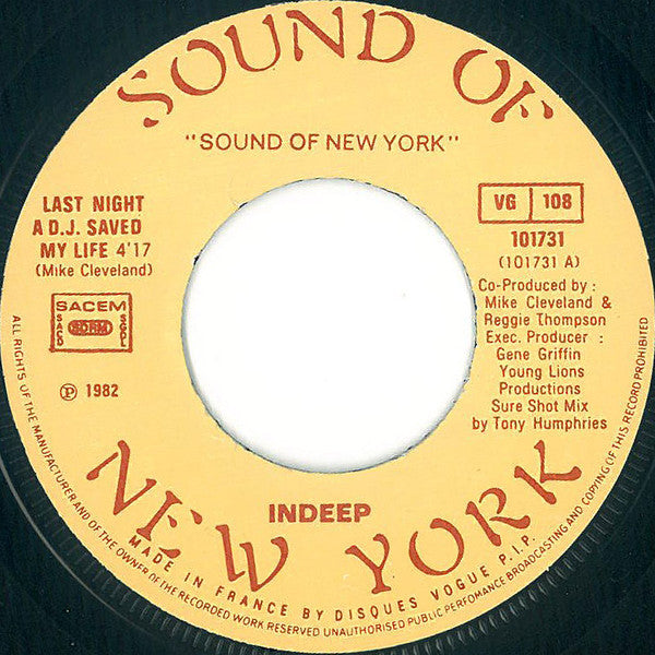 Indeep : Last Night A D.J. Saved My Life (7", Single)