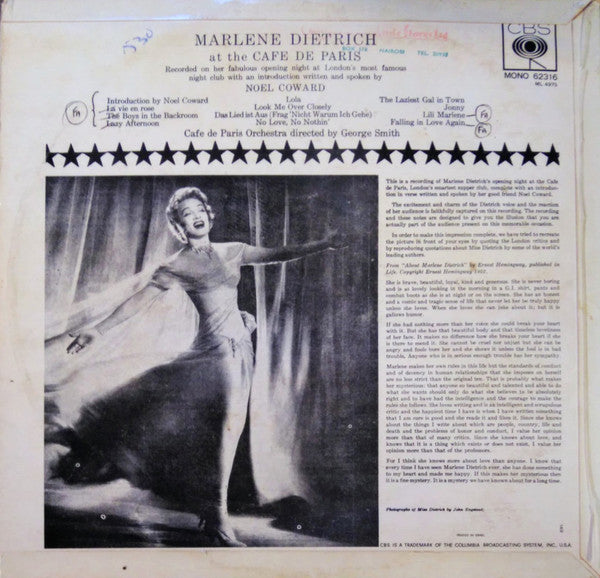Dietrich* : Marlene Dietrich At The Cafe De Paris (LP, Album, Mono, RE)