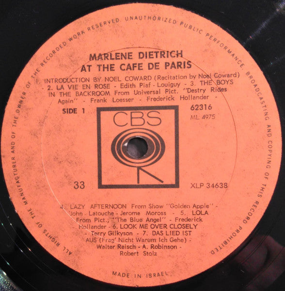 Dietrich* : Marlene Dietrich At The Cafe De Paris (LP, Album, Mono, RE)