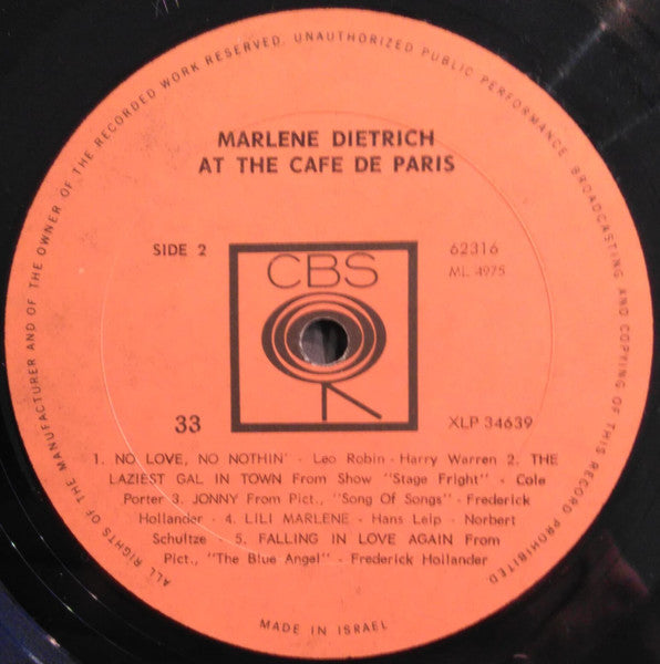 Dietrich* : Marlene Dietrich At The Cafe De Paris (LP, Album, Mono, RE)