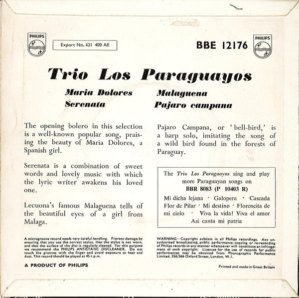 Trio Los Paraguayos : Maria Dolores / Serenata / Malagueña / Pajaro Campana (7", EP, Min)