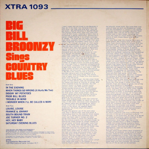 Big Bill Broonzy : Sings Country Blues (LP, Album, RE)