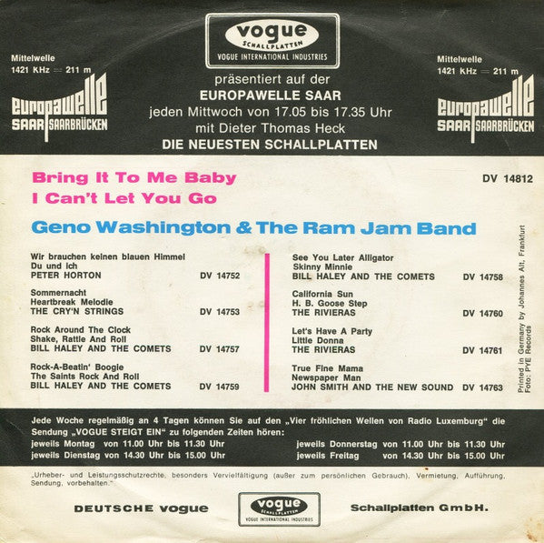 Geno Washington & The Ram Jam Band : Bring It To Me Baby / I Can't Let You Go (7", Single)