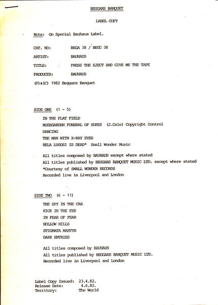 Bauhaus : Press The Eject And Give Me The Tape (LP, Album, W/Lbl)