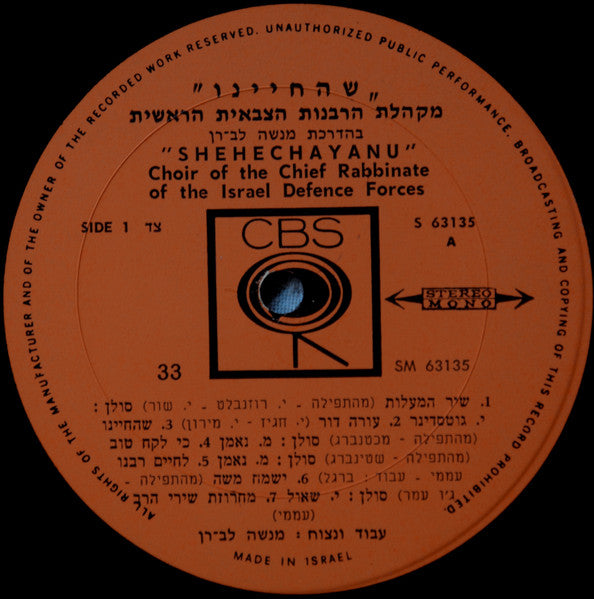 Choir Of The Chief Rabbinate Of The Israel Defence Forces : Shehecheyanu = שהחיינו (LP, Album)
