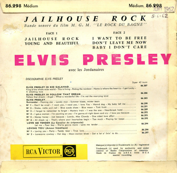 Elvis Presley : Jailhouse Rock (7", EP, Mono, RP, Blu)