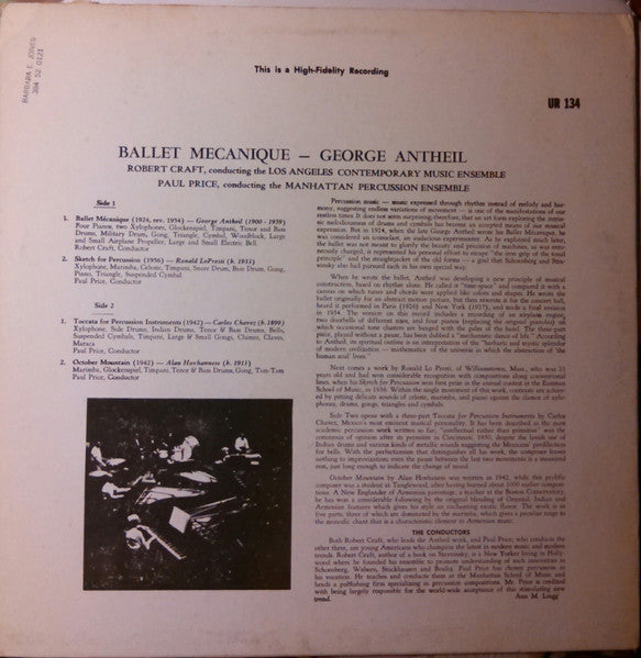 George Antheil / Ronald LoPresti / Carlos Chavez* / Alan Hovhaness : Ballet Mécanique / Toccata For Percussion / October Mountain / Sketch For Percussion (LP, Mono, RE)