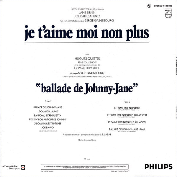 Serge Gainsbourg : Bande Originale Du Film De Serge Gainsbourg "Je T'aime Moi Non Plus" (LP, Album, RE, RP, Ⓨ -)