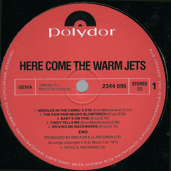 Eno* : Here Come The Warm Jets (LP, Album, RE)