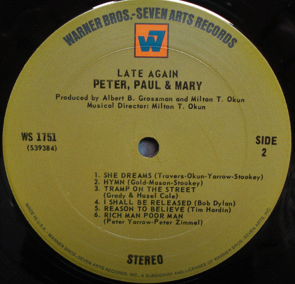 Peter, Paul & Mary : Late Again (LP, Album, Pit)