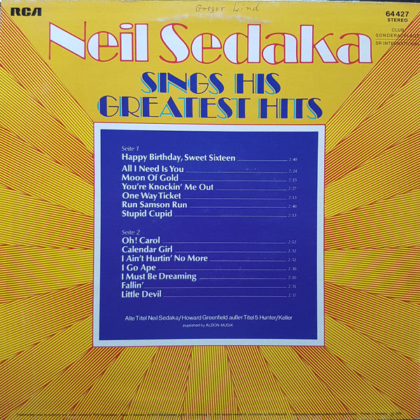 Neil Sedaka : Neil Sedaka Sings His Greatest Hits (LP, Comp, S/Edition, Clu)
