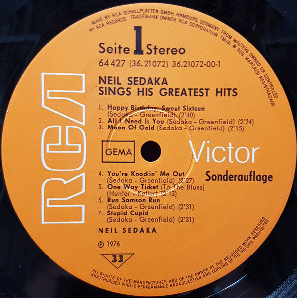 Neil Sedaka : Neil Sedaka Sings His Greatest Hits (LP, Comp, S/Edition, Clu)