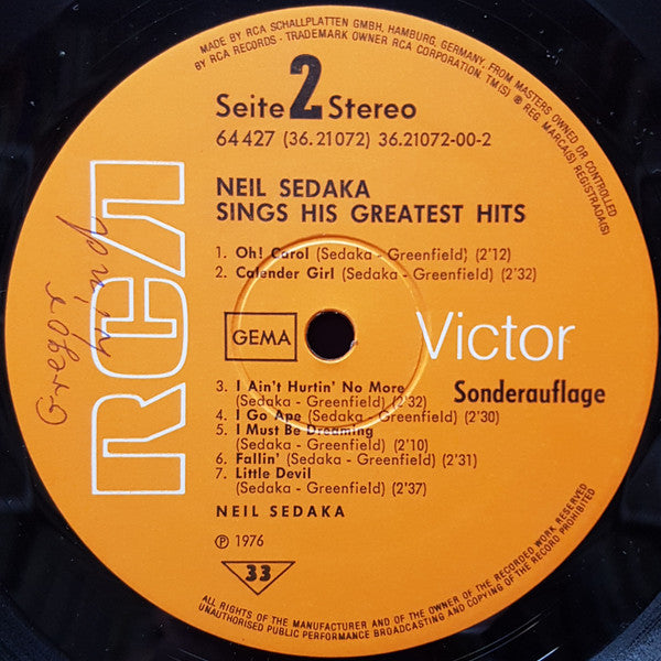 Neil Sedaka : Neil Sedaka Sings His Greatest Hits (LP, Comp, S/Edition, Clu)