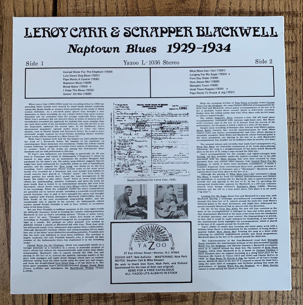 Leroy Carr & Scrapper Blackwell : Naptown Blues 1929-1934 (LP, Comp, RE, 180)