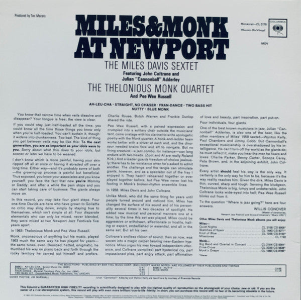 The Miles Davis Sextet & The Thelonious Monk Quartet : Miles & Monk At Newport (LP, Album, Mono, RM, 180)