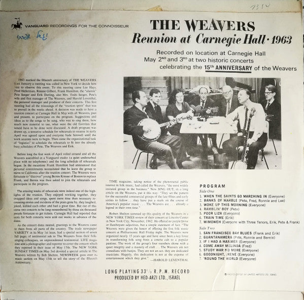 The Weavers : Reunion At Carnegie Hall - 1963 (LP, Album, Mono)