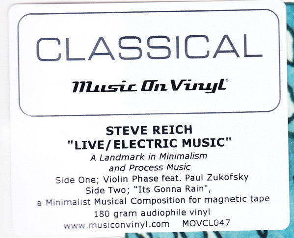 Steve Reich : Live / Electric Music (LP, Album, RE, 180)