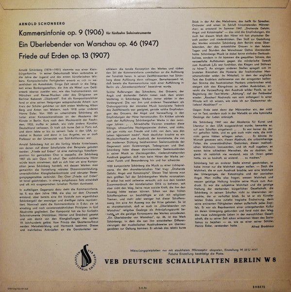 Arnold Schönberg* : Kammersinfonie Op. 9 (1906) / Ein Überlebender Von Warschau Op. 46 (1947) / Friede Auf Erden Op. 13 (1907) (LP, Mono)