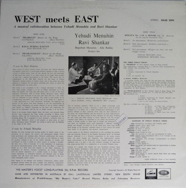 Yehudi Menuhin & Ravi Shankar & Hephzibah Menuhin : West Meets East (LP, Album, RE)