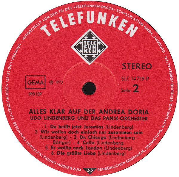 Udo Lindenberg & Das Panikorchester* : Alles Klar Auf Der Andrea Doria (LP, Album)