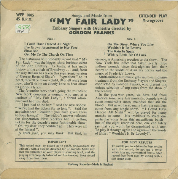 Embassy Singers & Players : Songs & Music From My Fair Lady (7", EP, 3 P)