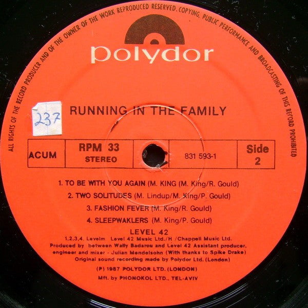 Level 42 : Running In The Family (LP, Album)