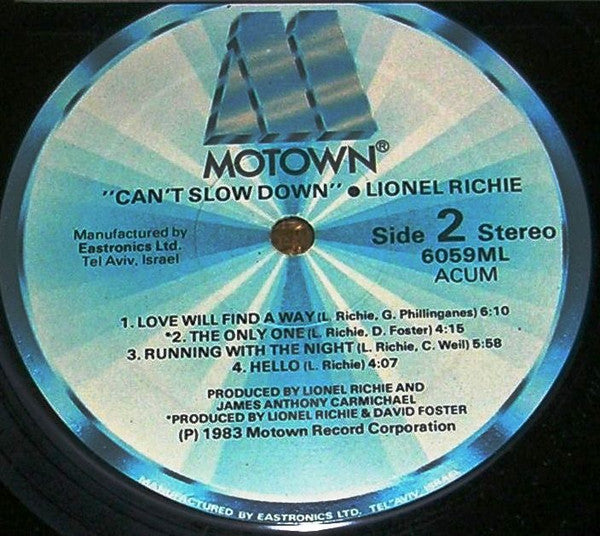 Lionel Richie : Can't Slow Down (LP, Album, RE)