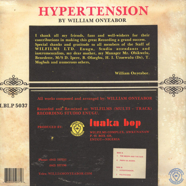 William Onyeabor : Hypertension (LP, Album, RE)